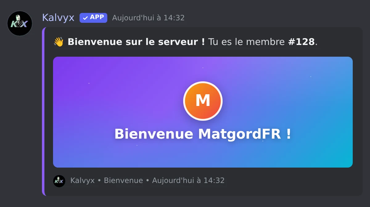 Message de bienvenue avec image personnalisée générée par Kalvyx