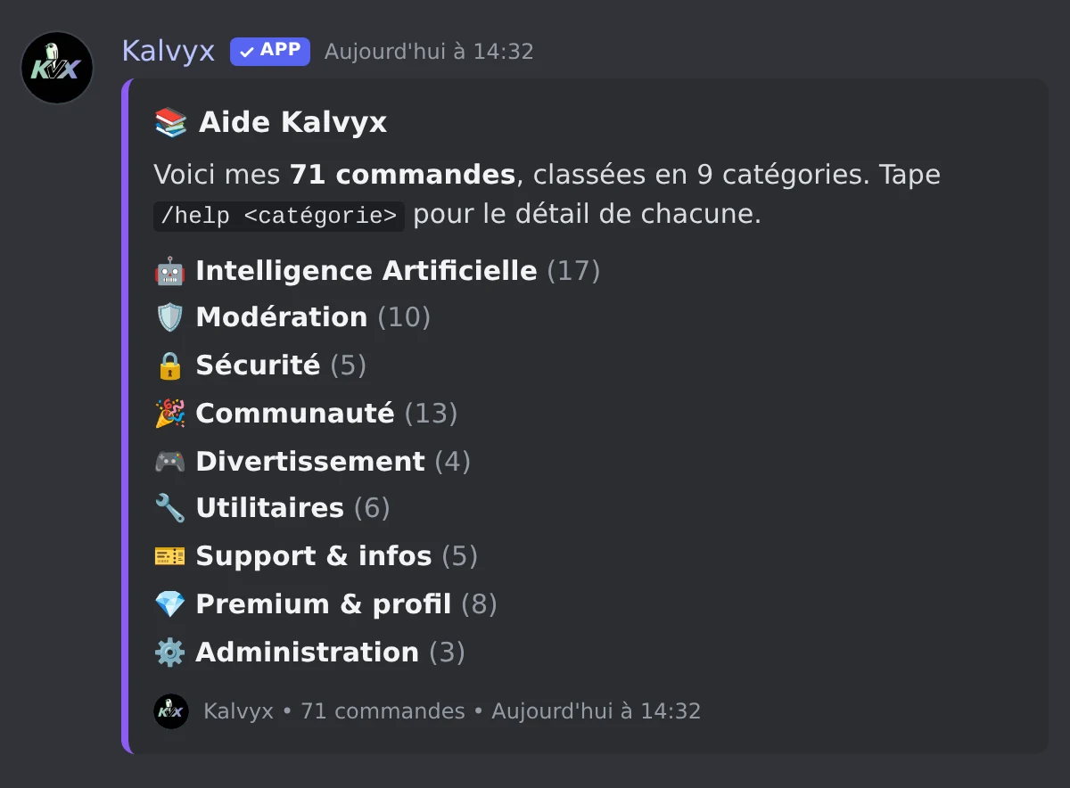 L'embed /help : les 9 catégories de commandes et leur nombre