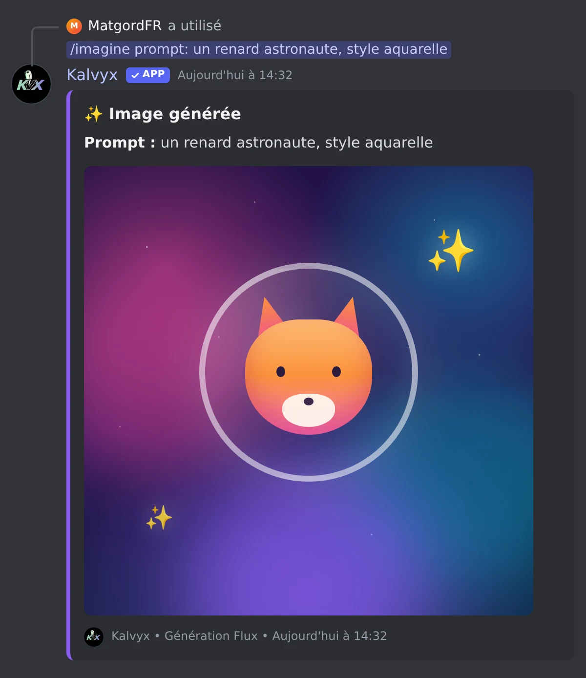 La commande /imagine : image générée depuis un prompt